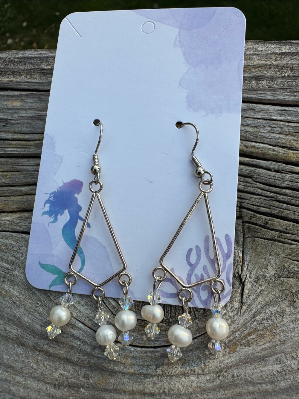 Freshwater Pearl and AB Crystal Dangle Earrings - Silver Tone Mermaid Siren Core